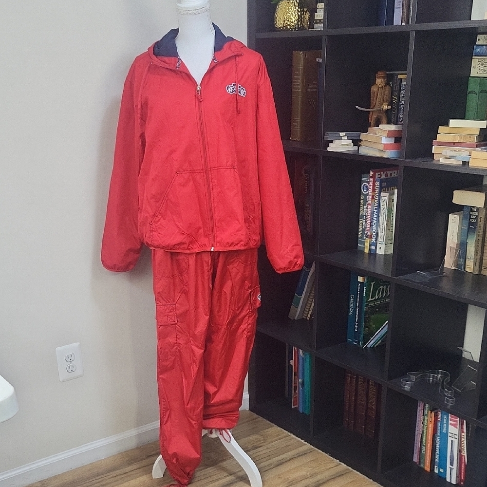 Vtg CATALINA Red Nylon Embroidered Flower Lined Kangaroo/Utilty Pocket Tracksuit